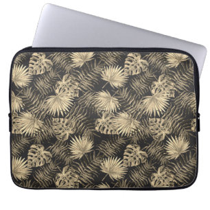Tropical Palm Tree Leaves Pattern Black Gold Laptop Sleeve