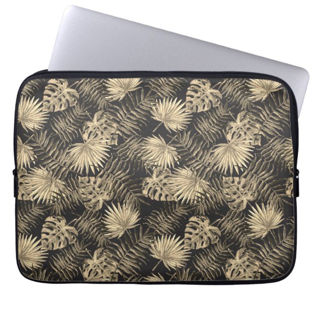 Tropical Palm Tree Leaves Pattern Black Gold Laptop Sleeve (Front)