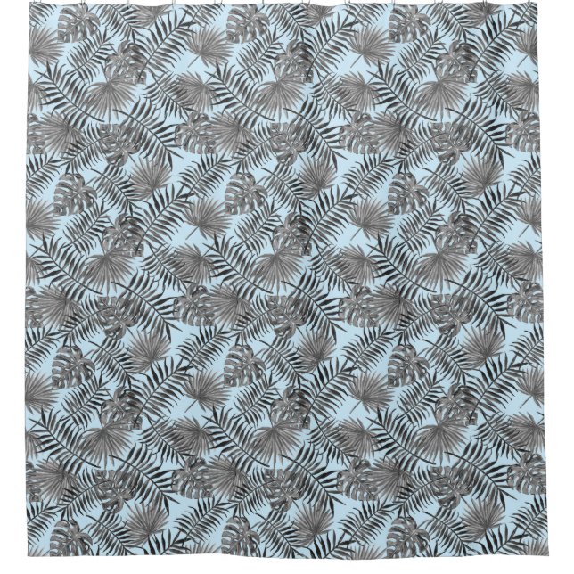 Tropical Palm Tree Leaves Pattern Blue Silver Shower Curtain (Front)