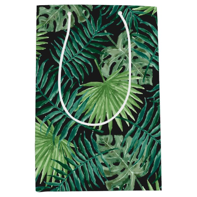Tropical Palm Tree Leaves Pattern Dark Black Green Medium Gift Bag (Front)