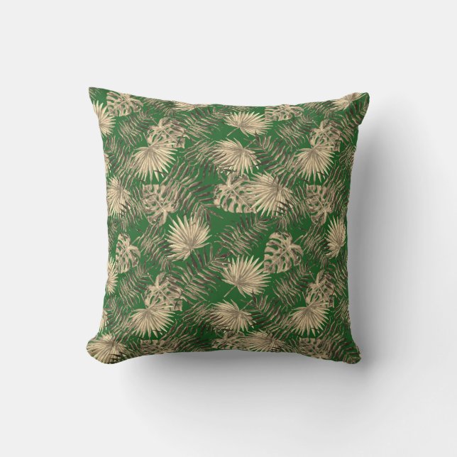 Tropical Palm Tree Leaves Pattern Dark Green Gold Cushion (Front)