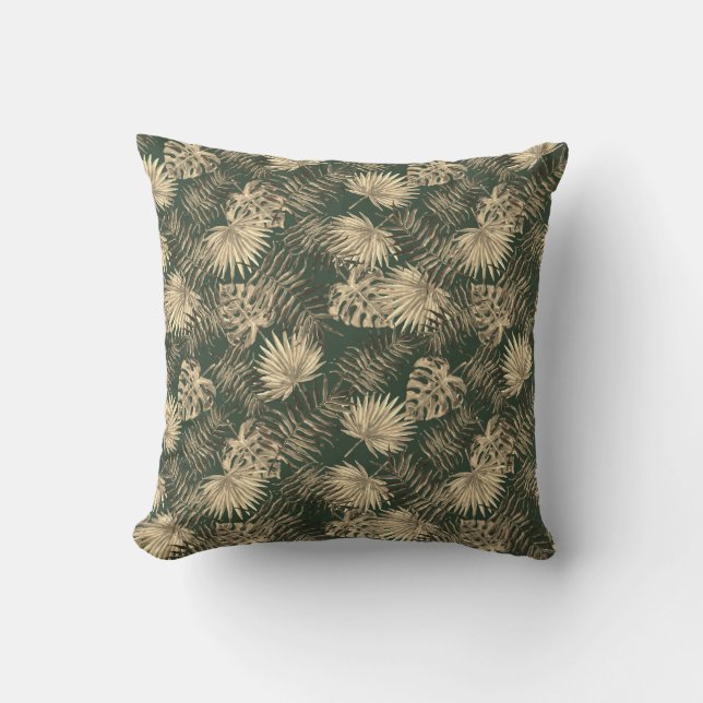 Tropical Palm Tree Leaves Pattern Dark Green Gold Cushion (Front)