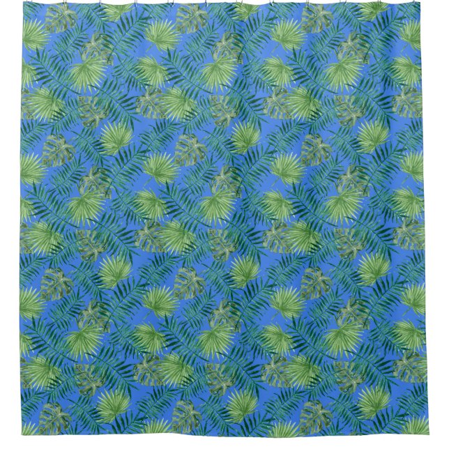 Tropical Palm Tree Leaves Pattern Green Blue Shower Curtain (Front)