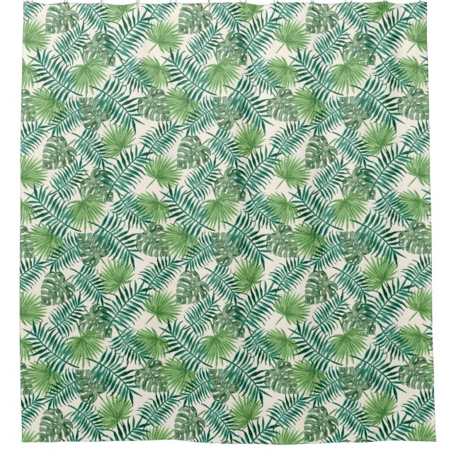 Tropical Palm Tree Leaves Pattern Green Cream Shower Curtain (Front)