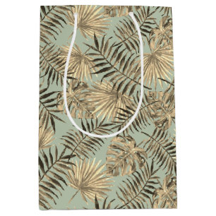 Tropical Palm Tree Leaves Pattern Green Gold Medium Gift Bag
