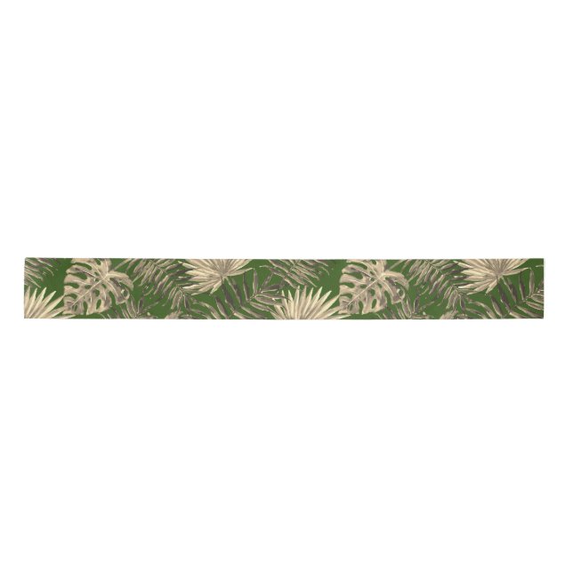 Tropical Palm Tree Leaves Pattern Green Gold Satin Ribbon (Front)