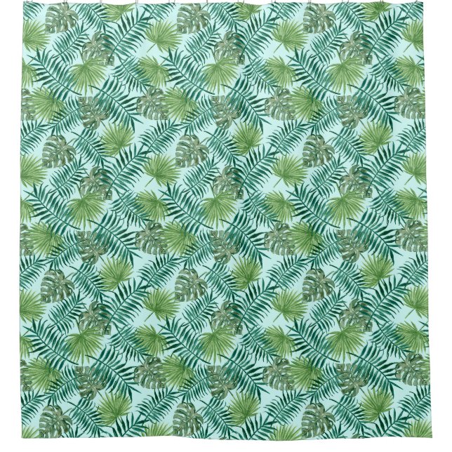 Tropical Palm Tree Leaves Pattern Green Shower Curtain (Front)