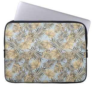 Tropical Palm Tree Leaves Pattern Pale Blue Gold Laptop Sleeve