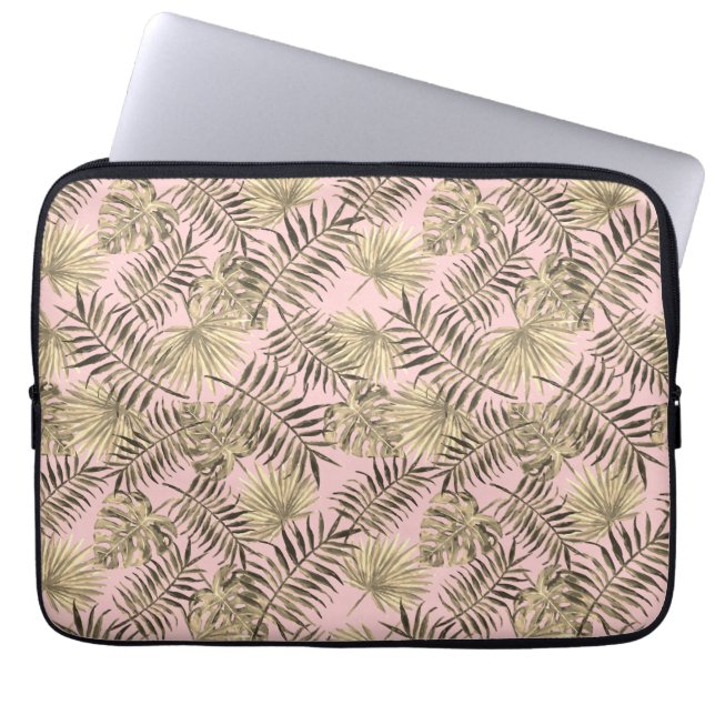 Tropical Palm Tree Leaves Pattern Pink Gold Laptop Sleeve (Front)