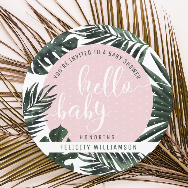 Tropical Palm Tree Leaves & Pink Girl Baby Shower Invitation (Creator Uploaded)