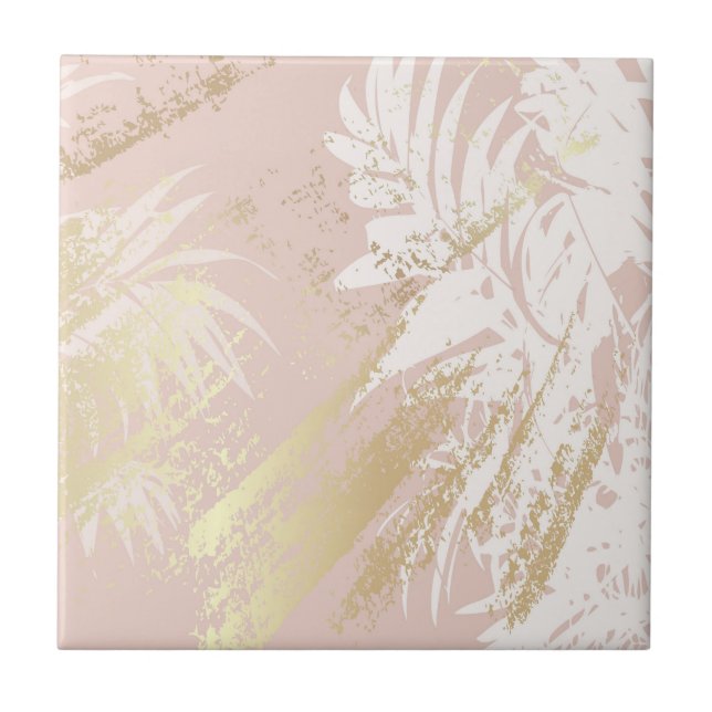 Tropical palm tree leaves pink gold tile (Front)