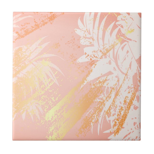 Tropical palm tree leaves rose gold pink rustic tile (Front)