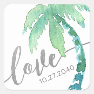 Tropical Palm Tree Love Green Silver Square Sticker