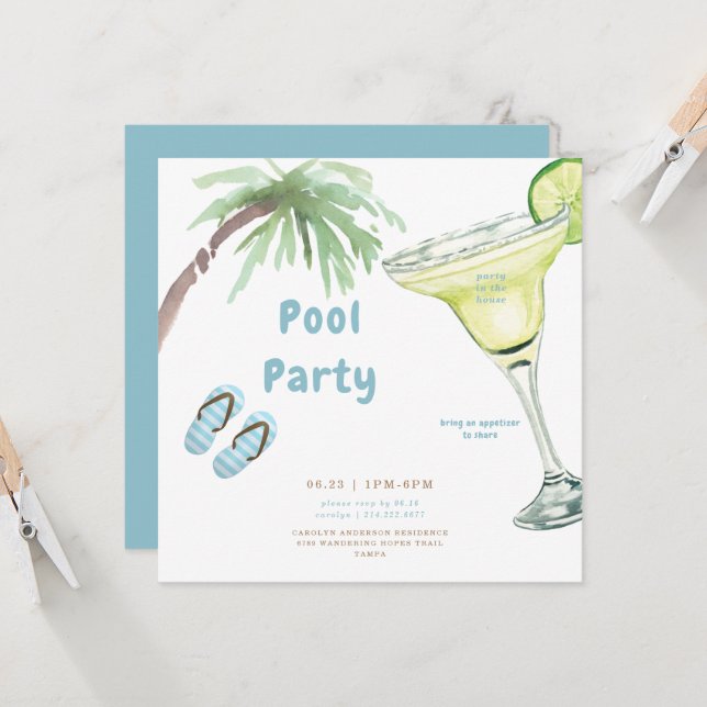 Tropical Palm Tree Margarita Pool Party Invitation (Front/Back In Situ)