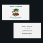 Tropical Palm Tree Merry Christmas Business Card<br><div class="desc">Business cards with a seasonal holiday image. A tropical palm tree decorated in festive lights with a star on top. A giant red and white candy cane sticking out of the sand. Christmas presents under the tree. Whimsical and fun.</div>