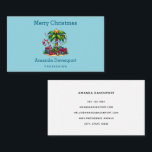 Tropical Palm Tree Merry Christmas Business Card<br><div class="desc">Business cards with a seasonal holiday image. A tropical palm tree decorated in festive lights with a star on top. A giant red and white candy cane sticking out of the sand. Christmas presents under the tree. Whimsical and fun.</div>