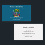 Tropical Palm Tree Merry Christmas Business Card<br><div class="desc">Business cards with a seasonal holiday image. A tropical palm tree decorated in festive lights with a star on top. A giant red and white candy cane sticking out of the sand. Christmas presents under the tree. Whimsical and fun.</div>