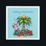 Tropical Palm Tree Merry Christmas Napkin<br><div class="desc">Paper napkins with a seasonal holiday image. A tropical palm tree decorated in festive lights with a star on top. A giant red and white candy cane sticking out of the sand. Christmas presents under the tree. Whimsical and fun.</div>