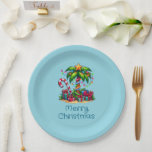 Tropical Palm Tree Merry Christmas Paper Plate<br><div class="desc">Paper plates with a seasonal holiday image. A tropical palm tree decorated in festive lights with a star on top. A giant red and white candy cane sticking out of the sand. Christmas presents under the tree. Whimsical and fun.</div>