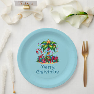 Tropical Palm Tree Merry Christmas Paper Plate