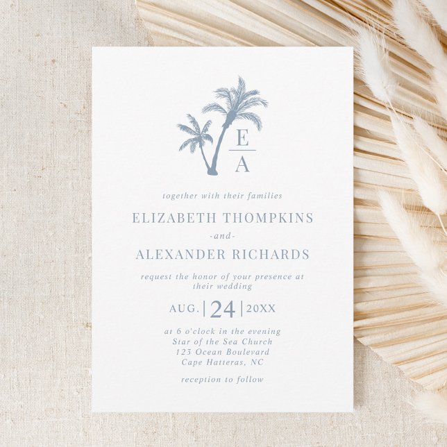 Tropical Palm Tree Monogram Beach Blue Wedding Invitation (Creator Uploaded)