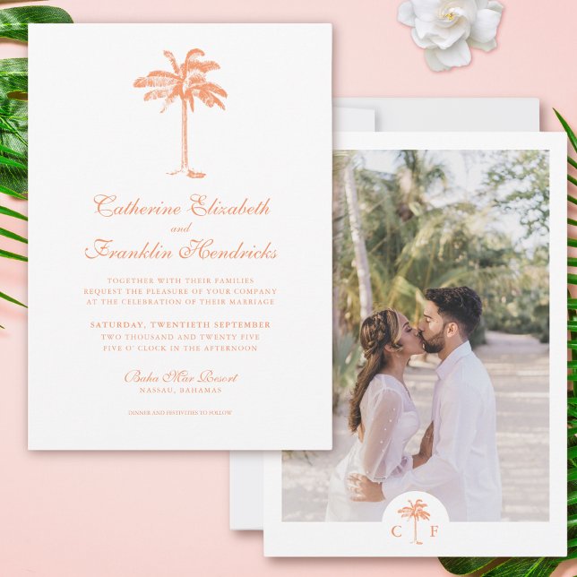 Tropical Palm Tree Monogram Photo Wedding Invitation (Creator Uploaded)