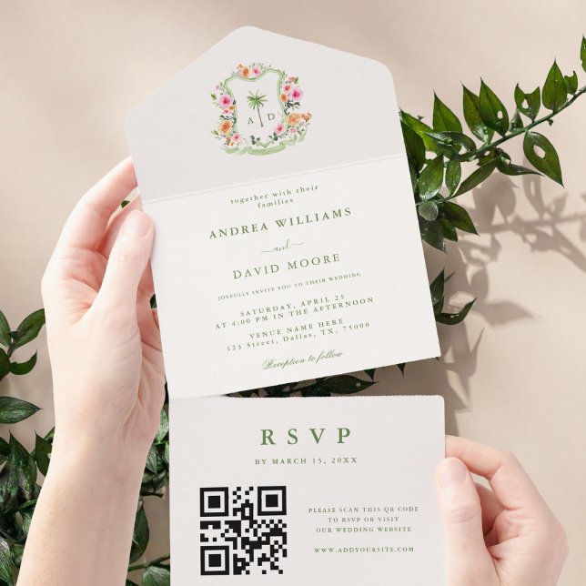 Tropical Palm Tree Monogram QR Code Beach Wedding All In One Invitation (Creator Uploaded)