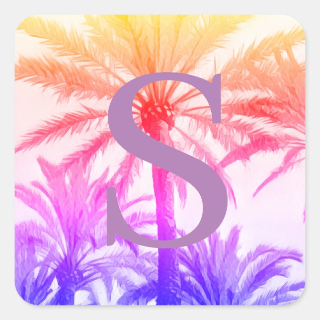 Tropical Palm Tree Monogram – Retro Neon  Square Sticker (Front)