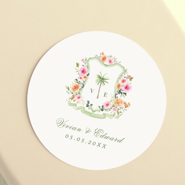 Tropical Palm Tree Monogram Summer Beach Wedding Classic Round Sticker (Creator Uploaded)