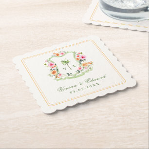 Tropical Palm Tree Monogram Summer Beach Wedding Paper Coaster