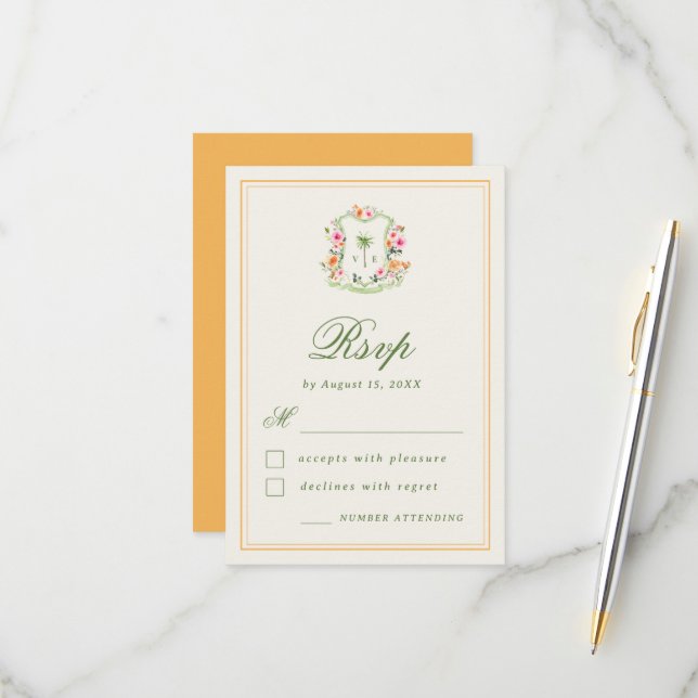 Tropical Palm Tree Monogram Summer Beach Wedding RSVP Card (Front/Back In Situ)