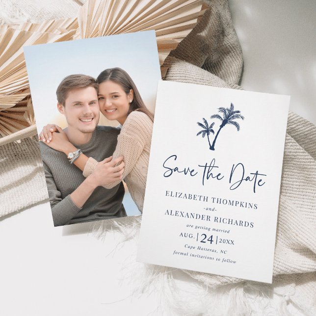 Tropical Palm Tree Navy Blue Beach Wedding Save The Date (Creator Uploaded)