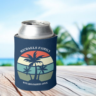 Tropical Palm Tree Navy Blue Sunset Beach House Can Cooler