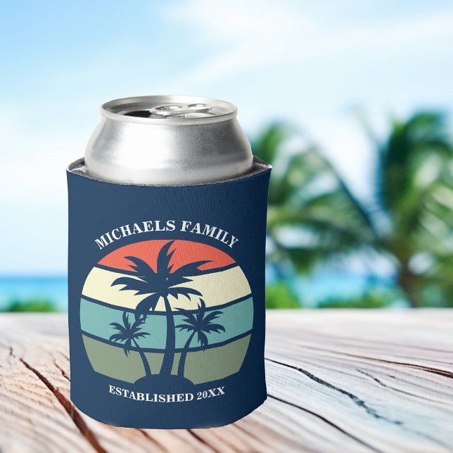 Tropical Palm Tree Navy Blue Sunset Beach House Can Cooler (Creator Uploaded)