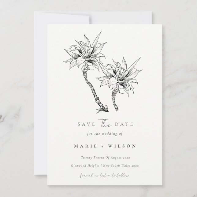 Tropical Palm Tree Navy Kraft Save The Date Thank You Card (Front)