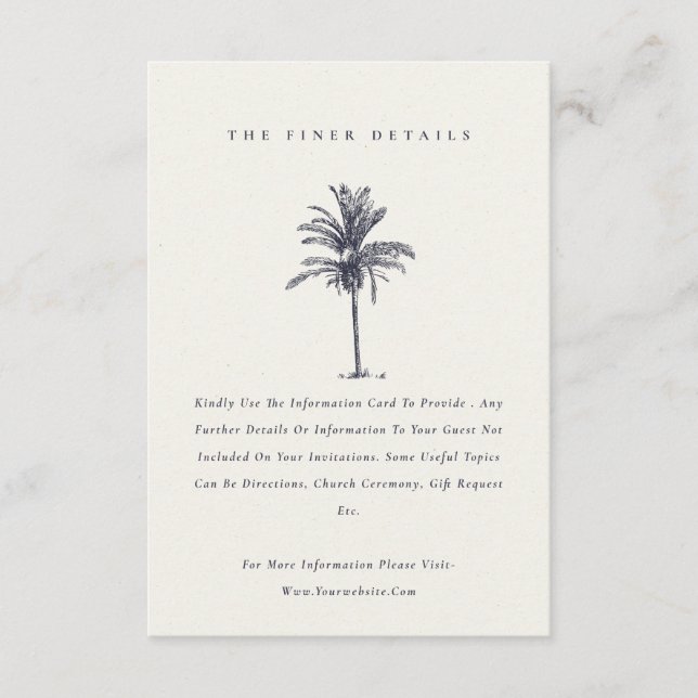 Tropical Palm Tree Navy Kraft Wedding Details Enclosure Card (Front)