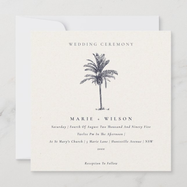 Tropical Palm Tree Navy Kraft Wedding Invite (Front)
