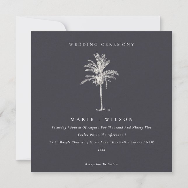 Tropical Palm Tree Navy Kraft Wedding Invite (Front)