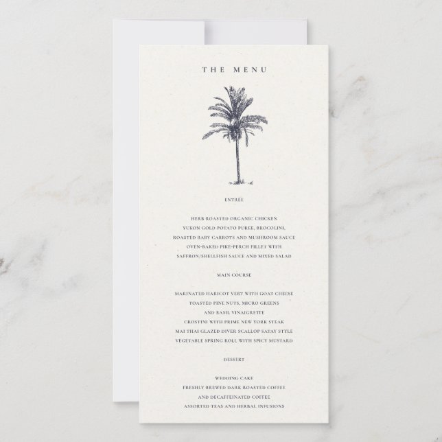 Tropical Palm Tree Navy Kraft Wedding Menu Card (Front)