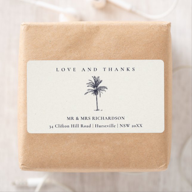 Tropical Palm Tree Navy Kraft Wedding Thanks (Insitu)