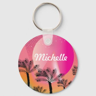 Tropical Palm Tree Neon Pink Pattern Name Key Ring