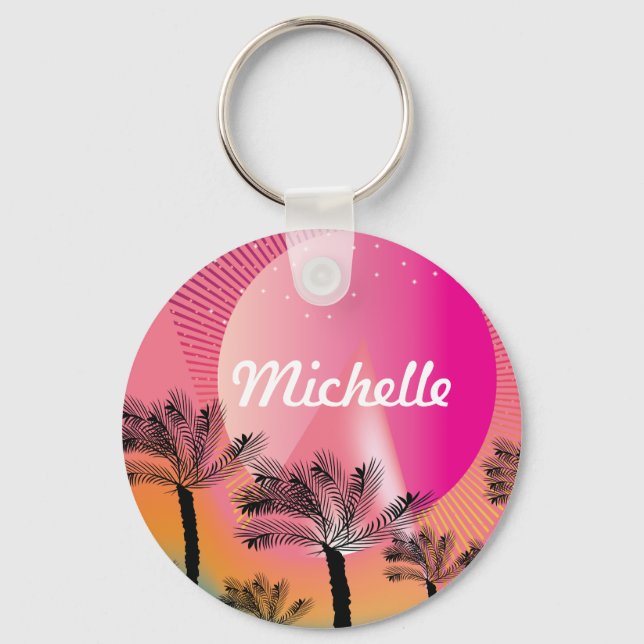 Tropical Palm Tree Neon Pink Pattern Name  Key Ring (Front)