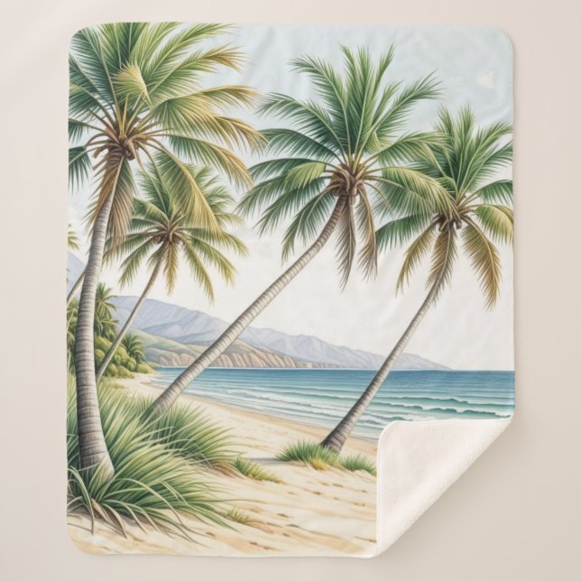 Tropical Palm Tree Ocean Sherpa Blanket (Front)