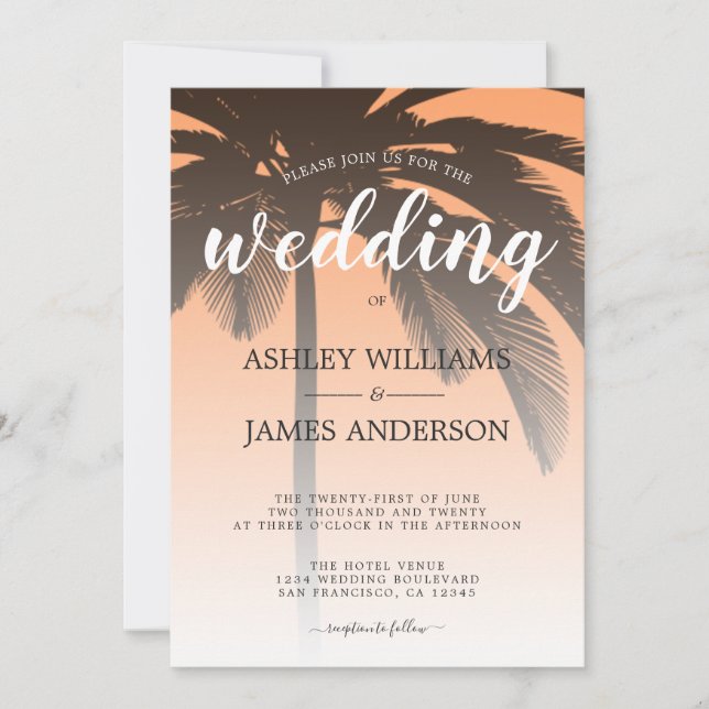 Tropical Palm Tree Orange Beach Wedding Invitation (Front)