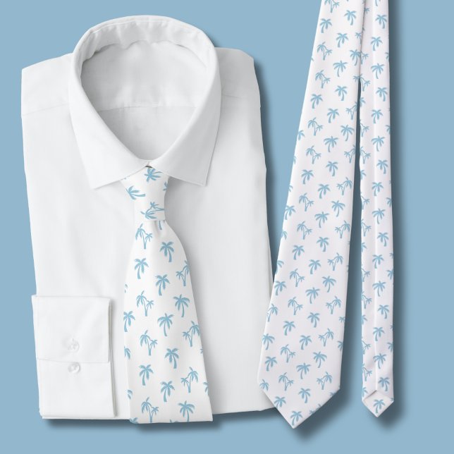 Tropical Palm Tree pattern baby blue Tie (light blue and white palm tree tie)
