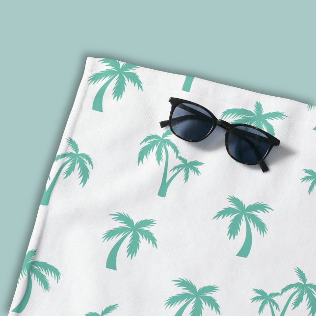 Tropical Palm Tree pattern sea green Beach Towel (light green and white palm tree beach towel)