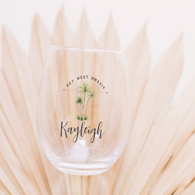 Tropical Palm Tree Personalised Bachelorette Party Stemless Wine Glass (Creator Uploaded)