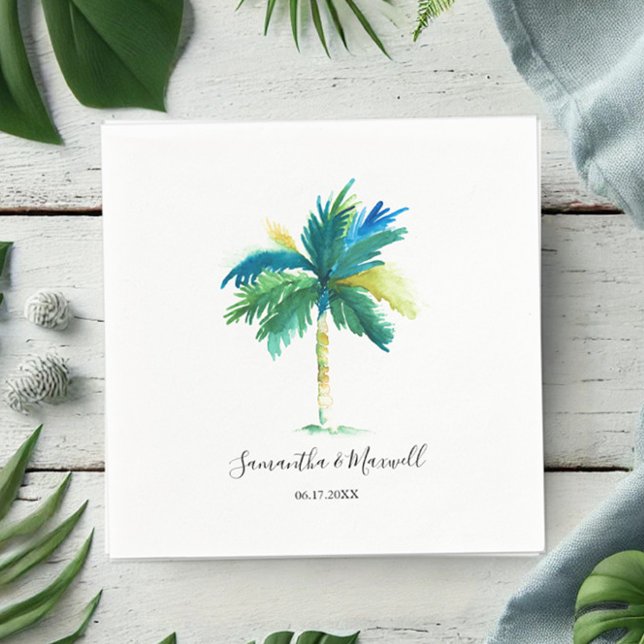 Tropical Palm Tree Personalised Wedding Napkin (Palm tree napkin tropical watercolor art by Victoria Grigaliunas Do Tell A Belle)