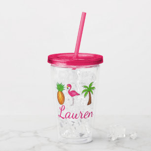 Tropical Palm Tree Pineapple Pink Flamingo Acrylic Tumbler