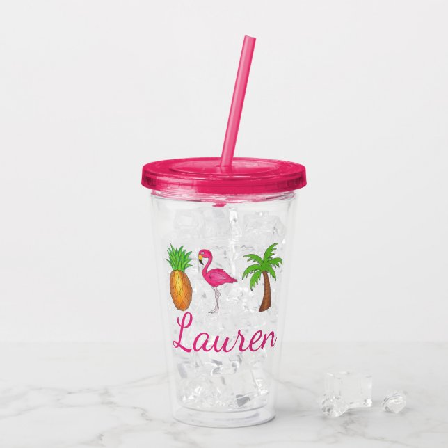 Tropical Palm Tree Pineapple Pink Flamingo Acrylic Tumbler (Back Ice)